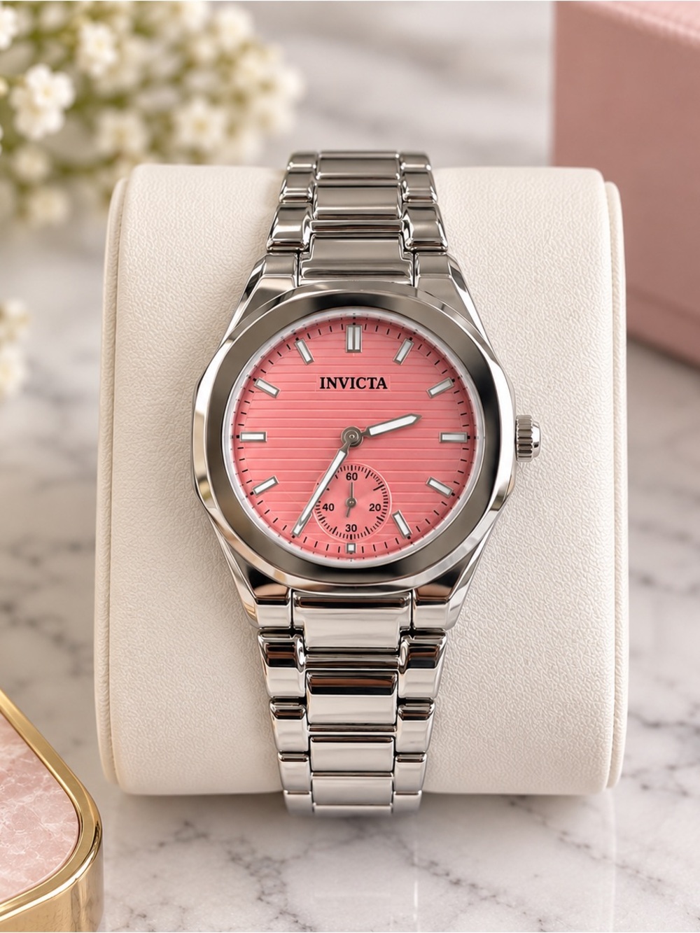 Invicta Women’s Silver-Tone Stainless Steel Watch Pink Textured Dial NWT